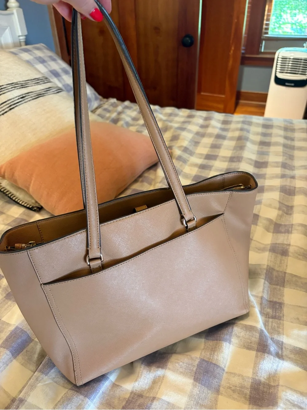 Tory Burch Saffiano Leather Tote in Taupe Brown with Gold Logo